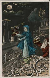 Santa and an Angel on a Rooftop at Night Postcard