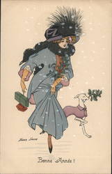 Bonne Annee! Happy New Year, Woman with Present and Dog Postcard