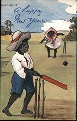 A Happy New Year - Children Playing Cricket Postcard