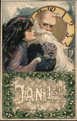 Father time appears at the strike of midnight with young lady to start the new year Postcard