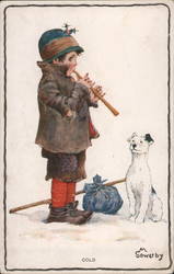 Winter Child Playing Music for Dog Postcard
