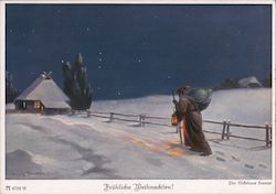 Santa Claus Walking Through the Snow to a Small House Postcard