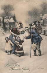 A Man Handing out Presents to Children in the Snow Christmas R. Stephany Postcard Postcard Postcard