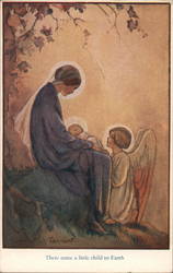 Mary sits holding baby Jesus along with an angel Postcard