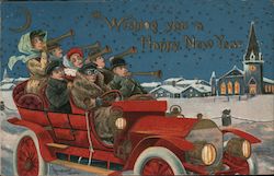 Group Blowing Horns as They Ride in Car, Embossed New Year's Bernhardt Wall Postcard Postcard Postcard