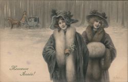 French Women in Snow Sending Happy New Year Message Beautiful Ladies Raimund Wichera Postcard Postcard Postcard