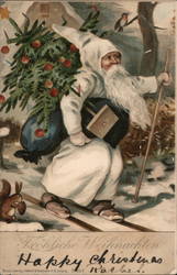 German Santa in White Robe Carrying Tree and Sack of Toys Postcard