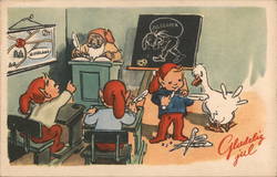 Elves in a meeting preparing for help santa for delivery of presents Postcard