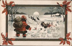 Santa Watching Reindeer Run Away And His Sleigh Turned Over Postcard