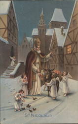 1937 Italian St. Nicolaus brown rorbe with angels and donkey Postcard