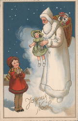 Santa in a white robe floating down to give a girl a doll in a green dress Postcard