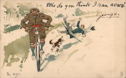 A Man Riding a Bicycle Being Chased by a Dog Artist Signed Phil May Postcard Postcard Postcard