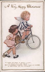 Two kids, one on bike and one running with horse toy Bicycles Postcard Postcard Postcard