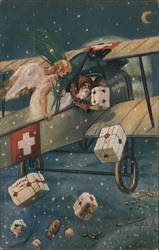 Santa and an Angel delivering supplies from a Red Cross plane. Santa Claus Postcard Postcard Postcard