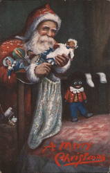 Santa unpacking dolls onto a bed Postcard