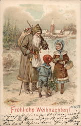 German Santa Claus dressed in tan carrying presents on a stick talking to children Postcard