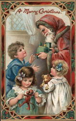 Santa Claus Handing Out Toys to Children Postcard