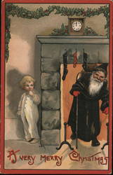 Santa Coming Down Chimney as Child Peeks Around Corner Postcard
