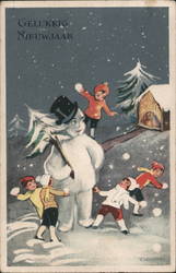 Kids throw snowballs with a snowman looking on Snowmen Chiostri Postcard Postcard Postcard