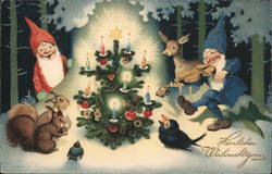 Elves in a forest with animals around a Christmas Tree Postcard