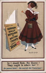 A Woman Standing Next to a Sign About British Troops World War I Donald McGill Postcard Postcard Postcard