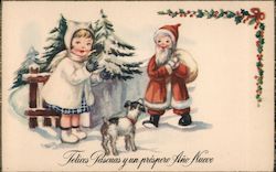 Young Girl and Dog with Santa Claus Postcard