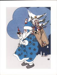 Santa Claus Dressed in Blue Carrying a Sack of Toys Postcard