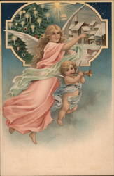 Angels with Christmas Tree, North Star, and Small Town Postcard Postcard Postcard