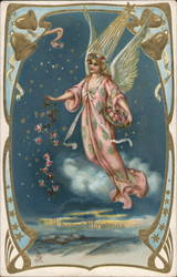 Angel in Sky Dropping Flowers Postcard