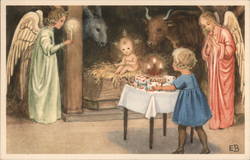 A nativity scenes with a little girl giving a gift Madonna & Child EB Postcard Postcard Postcard