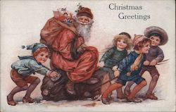 Children Pulling Santa As He Sits on a Log Postcard