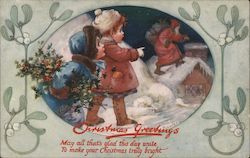 Children Watching Santa Claus on a Snow-Covered Rooftop Postcard
