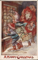 A Happy Christmas - Santa Watching Kids Looking Through a Store Window Postcard