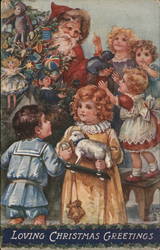 Santa Claus and Children Around Christmas Tree Postcard
