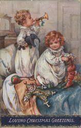 Children Loving the Christmas Greetings Postcard