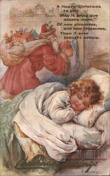 A Dreamy Christmas: Girl Asleep as Santa Fills Stockings Postcard