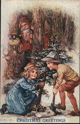 Santa in Woods Looking at Children Picking Christmas Tree Santa Claus A. L. Bowley Postcard Postcard Postcard