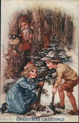 Santa in Woods Looking at Children Picking Christmas Tree Postcard