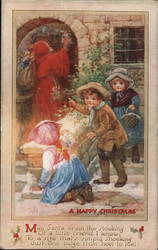 Children watching Santa in a red robe leaving gifts at a house Postcard