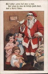 Santa in Traditional Red Suit with Duck Toy and Children Postcard