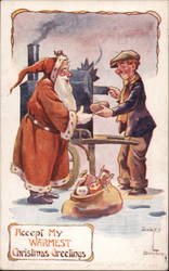 Santa Claus Buying Baked Potato From Cart Postcard
