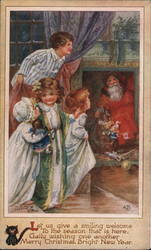 Santa Claus Coming Down a Chimney as a Mother and Children Look On A. L. Bowley Postcard Postcard Postcard