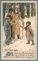 Child greeting man and woman in the wind and snow with mistltoe during Christmas season C. E. Brock Postcard Postcard Postcard