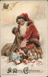 Santa in a red costume digging through his sackj of presents in the snow Santa Claus Frances Brundage Postcard Postcard Postcard