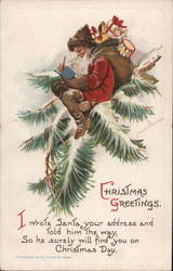 Fantasy Female Santa in Pine Bough Writing Santa Claus Frances Brundage Postcard Postcard Postcard