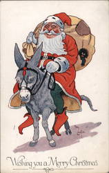 Santa Claus Riding Donkey Carrying a Sack of Toys Postcard