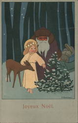 Santa Claus and Child angel with deer in the snow looking at the tree Postcard