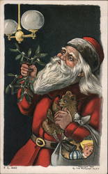 Santa Claus Holding Toys and Holly Under Electric Lamp Postcard Postcard Postcard