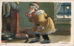 Santa in a yellow coat inspecting stockings on a mantel Postcard