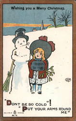 Young Girl Standing Next to Snowman Postcard